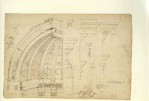 Half-Section of the Model of the Attic and Dome of Saint Peter's Basilica as Conceived by Michelangelo (recto); Detail Studies Relating to the Plan, Section, and Elevation of the Dome of Saint Peter's Basilica (verso). by Etienne DuPérac
